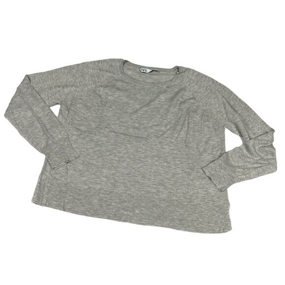 Zara Sweater Crop Grey Crew Neck Side Slit Long Sleeve Knit Pullover Women's S - Picture 1 of 10